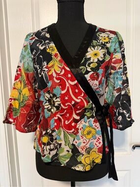 ivy jane Multicolor Floral Wrap Top with Black Trim